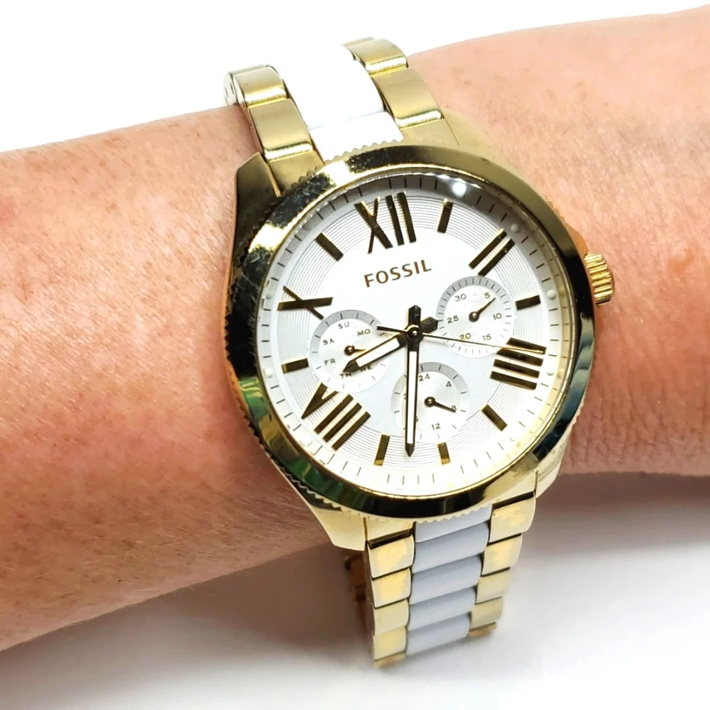 Fossil Watch AM4645 Gold White Two Tone Wristband White Face Chronograph